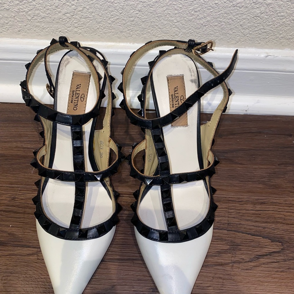 Valentino Black and White Rockstud Pointed Toe T-Strap Heels